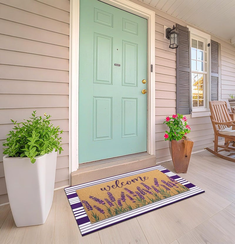 Tinideya 2 Pcs Lavender Door Mat Purple and White Stripe Welcome Non Slip Coir Mats Flower Floor Layering Doormats Seasonal for Front Porch Entryway Decor(Lavender) - Image 5
